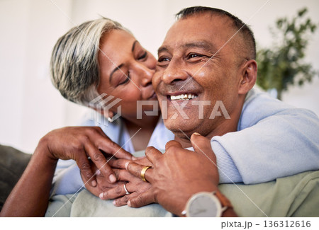 Face, kiss or happy elderly couple hug, support and enjoy time together, smile and retirement wellness. Happiness, Mexico home and senior man, old woman or people bonding, relax and care for partner 136312616
