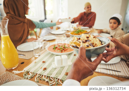 Food, roti and muslim with hands of family at table for eid mubarak, Islamic celebration and lunch. Ramadan festival, culture and iftar with closeup of people at home for fasting, islam or religion Food, roti and muslim with hands of family at table for eid mubarak, Islamic celebration and lunch. Ramadan festival, culture and iftar with closeup of people at home for fasting, islam or religion 136312734