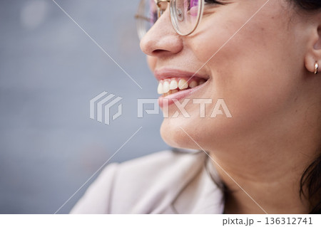 Dental hygiene, smile and teeth of a woman for closeup on happiness, motivation and positive mindset. Zoom, face and mouth of a happy female person with cosmetics, confidence and wellness profile Dental hygiene, smile and teeth of a woman for closeup on happiness, motivation and positive mindset. Zoom, face and mouth of a happy female person with cosmetics, confidence and wellness profile 136312741