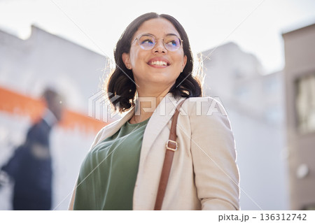 Business woman, vision and worker outdoor in city with job travel and thinking. Urban, face and female professional with bag for career and commute to work feeling happy and proud from success Business woman, vision and worker outdoor in city with job travel and thinking. Urban, face and female professional with bag for career and commute to work feeling happy and proud from success 136312742