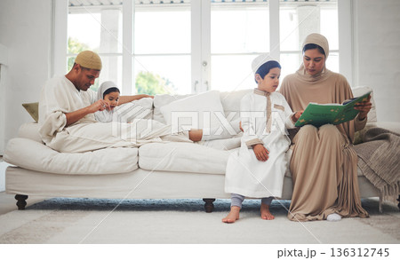 Learning, Muslim parents or kids reading book for Islamic info or studying Allah of God in family home. Support, father or Arabic mom teaching lovely children siblings worship, prayer or knowledge Learning, Muslim parents or kids reading book for Islamic info or studying Allah of God in family home. Support, father or Arabic mom teaching lovely children siblings worship, prayer or knowledge 136312745