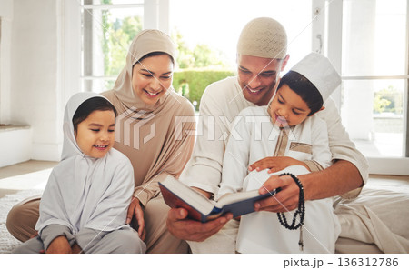 Happy family, Muslim parents or children reading book for learning, Islamic knowledge or studying in Allah or God. Support, dad or Arabic mom teaching kids worship, prayer or holy Quran at home 136312786