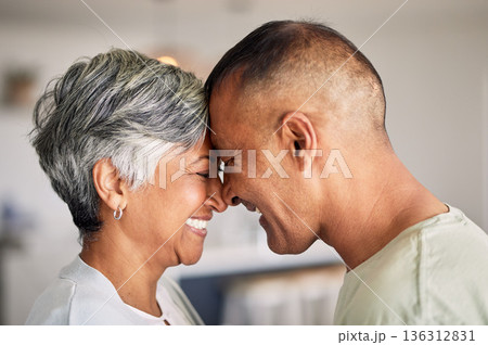Home, forehead and senior couple with love, happiness and retirement with romance, affection and bonding. Romantic, old woman or elderly man embrace, relationship and loving together with affection Home, forehead and senior couple with love, happiness and retirement with romance, affection and bonding. Romantic, old woman or elderly man embrace, relationship and loving together with affection 136312831