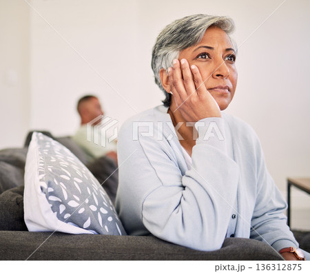 Sad woman, fight and problem of couple in divorce, depression and ignore conflict at home. Face of female person thinking of argument, bad marriage and emotions for breakup, stress or jealous partner 136312875