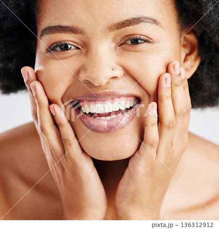 Beauty, skin care and portrait of happy woman with dermatology, cosmetics or natural makeup. Closeup on face of African female model in studio for facial glow, self love and soft touch or teeth smile 136312912