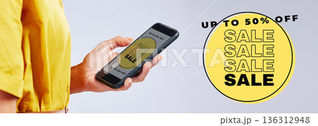Hand, phone screen and online shopping sale in studio with search, scroll or website for choice by white background. Person, smartphone and e commerce app for digital customer experience for discount 136312948