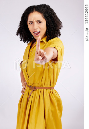 No, stop and studio portrait African woman with hand, gesture and sign to stop, limit or warning of protest on white background. Angry, face and frustrated person with vote, opinion and disagreement No, stop and studio portrait African woman with hand, gesture and sign to stop, limit or warning of protest on white background. Angry, face and frustrated person with vote, opinion and disagreement 136312966