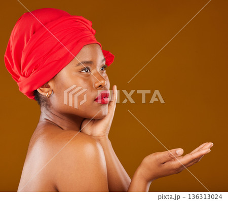 Beauty, makeup and presentation with face of black woman in studio for cosmetics, creative and show. Skincare, salon and mockup with female model on brown background for wellness, self care and glow Beauty, makeup and presentation with face of black woman in studio for cosmetics, creative and show. Skincare, salon and mockup with female model on brown background for wellness, self care and glow 136313024