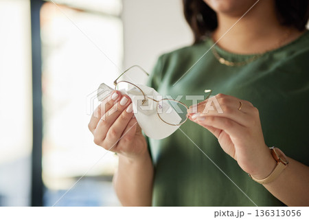 Vision, hands and woman or clean with glasses for dust or vision or cloth for protection. Female person, eye and care or wipe spectacles for eyesight with tissue for dirt or maintenance for frames. 136313056