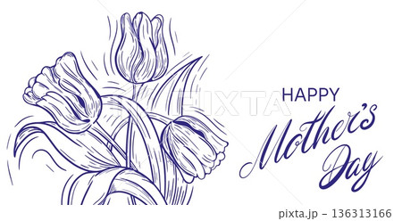 Tulips Floral Line Art Illustration in Elegant Hand Drawn Engraving Style. Minimalist floral design perfect for spring themes, Mothers Day, invitations, tattoos, packaging design. Tulips Floral Line Art Illustration in Elegant Hand Drawn Engraving Style. Minimalist floral design perfect for spring themes, Mothers Day, invitations, tattoos, packaging design. 136313166