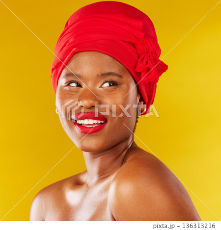 Beauty, thinking and black woman with makeup and head wrap with smile isolated in yellow studio background. Happy, skin and skincare by young female person scarf for dermatology, wellness or cosmetic Beauty, thinking and black woman with makeup and head wrap with smile isolated in yellow studio background. Happy, skin and skincare by young female person scarf for dermatology, wellness or cosmetic 136313216