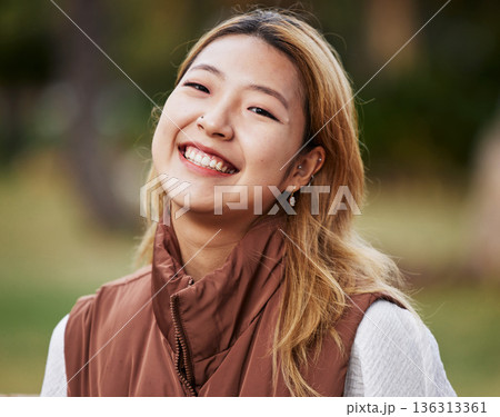 Happy, smile and portrait of Asian woman in park for holiday, freedom and relaxing outdoors. Happiness, nature and face of female person with joy, confidence and positive mindset for travel in summer Happy, smile and portrait of Asian woman in park for holiday, freedom and relaxing outdoors. Happiness, nature and face of female person with joy, confidence and positive mindset for travel in summer 136313361