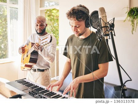 Piano, recording music and friends with guitar in home studio together. Electric keyboard, instrument and microphone of singer in collaboration for acoustic production with headphones of creative men Piano, recording music and friends with guitar in home studio together. Electric keyboard, instrument and microphone of singer in collaboration for acoustic production with headphones of creative men 136313378