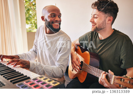 Friends, band and smile with piano, guitar and song production in home studio together. Happy men, musicians and collaboration with keyboard, acoustic instrument and creative talent for performance 136313389
