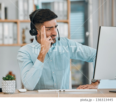 Stress, call center problem or man at computer, telemarketing agency and fail of anxiety, frustrated error or 404 glitch. Confused salesman at pc with challenge, client account mistake and CRM crisis Stress, call center problem or man at computer, telemarketing agency and fail of anxiety, frustrated error or 404 glitch. Confused salesman at pc with challenge, client account mistake and CRM crisis 136313445