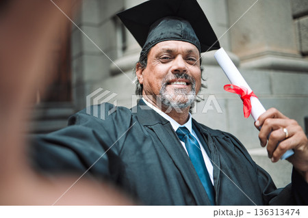 Mature man, graduation selfie and portrait with smile, law degree or diploma in street, pride or social media. Senior attorney, memory and photography for certificate, award or education in legal job Mature man, graduation selfie and portrait with smile, law degree or diploma in street, pride or social media. Senior attorney, memory and photography for certificate, award or education in legal job 136313474