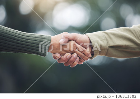 Shaking hands, senior man and people together in partnership, greeting or welcome with trust, bonding or moment in nature on blurred background. Handshake, support and solidarity with a person Shaking hands, senior man and people together in partnership, greeting or welcome with trust, bonding or moment in nature on blurred background. Handshake, support and solidarity with a person 136313502