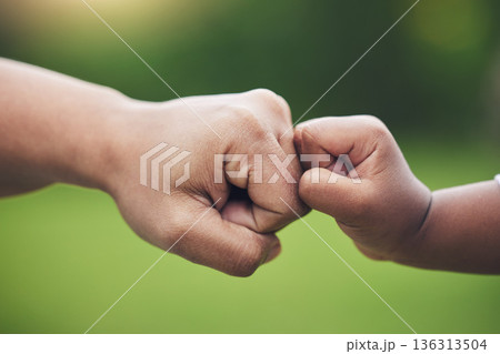 Fist bump, hands of baby and father with support together or gesture of success or trust in family on blurred background. Hand, bumping fists and dad with son or sign of solidarity or celebration Fist bump, hands of baby and father with support together or gesture of success or trust in family on blurred background. Hand, bumping fists and dad with son or sign of solidarity or celebration 136313504