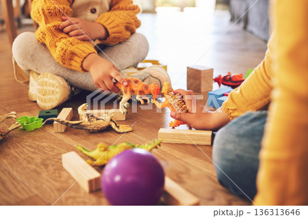 Children are playing with toys, fun and fantasy with friends or siblings at home, bonding and childhood. Relax, playful together and young people on floor with games, adventure and childcare at house 136313646