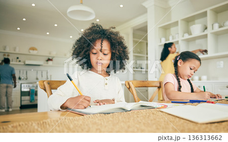 Children, writing and learning with homework in family home with book, pen or focus for development at desk. Young kids together, drawing or thinking for assessment, homeschool and education in house Children, writing and learning with homework in family home with book, pen or focus for development at desk. Young kids together, drawing or thinking for assessment, homeschool and education in house 136313662