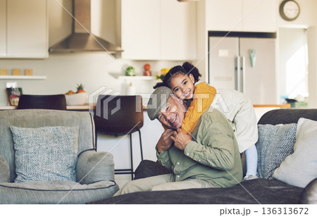 Hug, grandfather playing or portrait of happy child in family home on sofa with love bonding together. Care, affection or senior grandfather relaxing with young girl, smile or kid on couch in house Hug, grandfather playing or portrait of happy child in family home on sofa with love bonding together. Care, affection or senior grandfather relaxing with young girl, smile or kid on couch in house 136313672