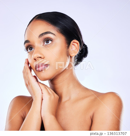 Thinking, glow and woman with skincare, dermatology or self care against a white studio background. Female person, wellness or model with cosmetics, bare or ideas with aesthetic, decision or wellness 136313707