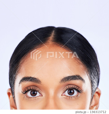 Beauty, eyes and portrait of woman in studio with cosmetics, lashes and mascara on white background. Eyelash care, vision and eye makeup, closeup of skincare model with skin glow and luxury eyeliner. 136313712