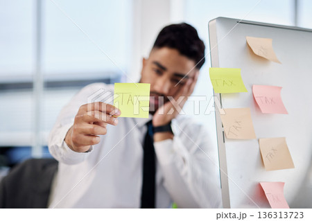 Tax, hand and business man with sticky note in office for debt, audit fail and financial crisis on computer. Stress, problem and professional with paper reminder for bankruptcy, bills and challenge Tax, hand and business man with sticky note in office for debt, audit fail and financial crisis on computer. Stress, problem and professional with paper reminder for bankruptcy, bills and challenge 136313723