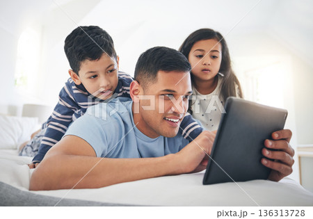 Father, children and tablet, games or cartoon streaming online with internet, bonding and people relax together in bedroom. Watch animation film, man and kids at home with connection and subscription Father, children and tablet, games or cartoon streaming online with internet, bonding and people relax together in bedroom. Watch animation film, man and kids at home with connection and subscription 136313728