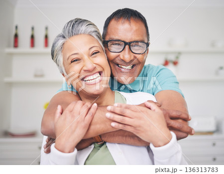 Hug, love and happy with portrait of old couple for support, smile and relax. Happiness, kindness and peace with senior man and woman laughing at home for embrace, trust and retirement together Hug, love and happy with portrait of old couple for support, smile and relax. Happiness, kindness and peace with senior man and woman laughing at home for embrace, trust and retirement together 136313783