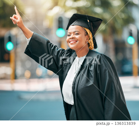 City travel, student and black woman stop, point or hail taxi, cab or metro bus for transport ride to university graduation. Happy, education and African college person gesture for morning car trip 136313839