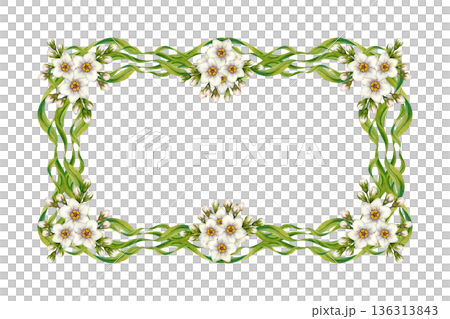 Floral frame with wavy green leaves, white flowers. Botanical watercolor horizontal template in vintage style. Perfect for wedding invites, botanical prints, eco design, summer and spring decoration 136313843