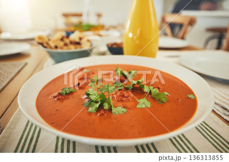 Food, Eid Mubarak and closeup of soup at table for Islamic celebration, festival and lunch together. Ramadan, religion and gourmet meal, fine dining and cuisine for fasting, holiday and culture Food, Eid Mubarak and closeup of soup at table for Islamic celebration, festival and lunch together. Ramadan, religion and gourmet meal, fine dining and cuisine for fasting, holiday and culture 136313855