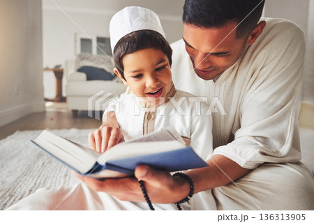 Quran, Muslim dad or happy child praying for worship, muslim pray and faith in Allah, god or holy spirit. Child development, home family or Islam father teaching boy, study and reading spiritual book 136313905