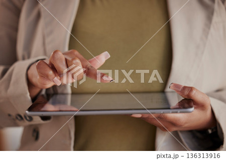 Business woman, hands and tablet for online planning, company data and research internet information. Closeup, female worker and scroll on digital technology for network connection, website and app Business woman, hands and tablet for online planning, company data and research internet information. Closeup, female worker and scroll on digital technology for network connection, website and app 136313916