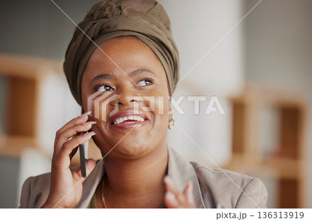 Business, black woman and phone call on cellphone in office for communication, consulting or networking. Face of happy female worker talking on smartphone in conversation, mobile contact and thinking 136313919