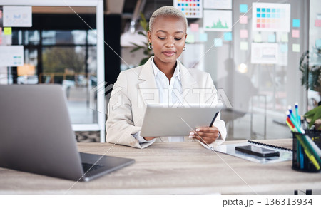 Laptop, business and black woman in office on tablet for research, website and browse internet. Corporate, connection and female person on digital tech working on online project, report and review 136313934