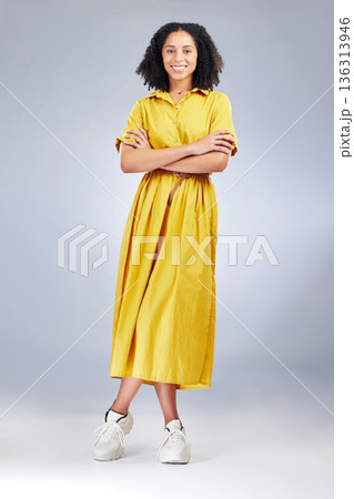Arms crossed, smile and portrait of business woman in studio for professional, creative and designer. Pride, startup and happy with employee on white background for career, entrepreneur and mockup Arms crossed, smile and portrait of business woman in studio for professional, creative and designer. Pride, startup and happy with employee on white background for career, entrepreneur and mockup 136313946