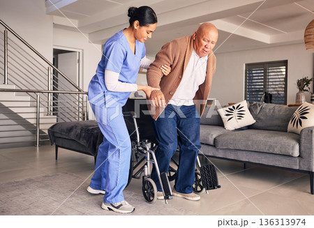 Woman helping man in wheelchair, nursing home and medical service for physical therapy, recovery and retirement. Caregiver, nurse and support patient with disability, rehabilitation and healthcare Woman helping man in wheelchair, nursing home and medical service for physical therapy, recovery and retirement. Caregiver, nurse and support patient with disability, rehabilitation and healthcare 136313974