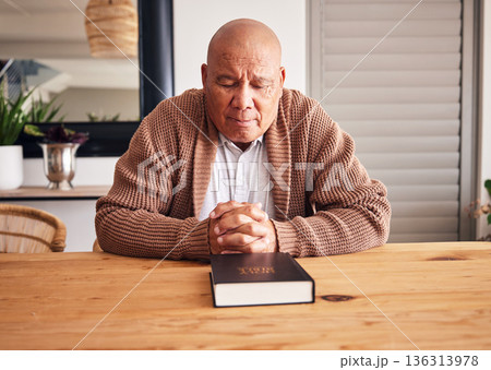 Bible book, praying or old man for holy worship, support or hope in Christianity faith in retirement. Prayer, gospel or catholic senior person studying, reading or learning God in spiritual religion Bible book, praying or old man for holy worship, support or hope in Christianity faith in retirement. Prayer, gospel or catholic senior person studying, reading or learning God in spiritual religion 136313978