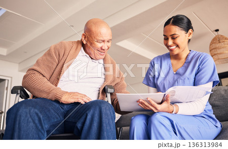 Old man, wheelchair or caregiver reading documents, history or healthcare documents at nursing home. Smile, medical records or happy nurse showing senior patient or elderly person with a disability Old man, wheelchair or caregiver reading documents, history or healthcare documents at nursing home. Smile, medical records or happy nurse showing senior patient or elderly person with a disability 136313984