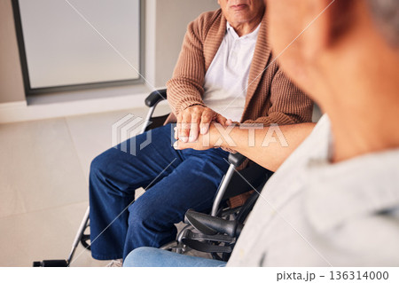 Wheelchair disability, support and elderly people holding hands for support, empathy and senior care in retirement home. Rehabilitation, love and disabled friends together with compassion, trust and Wheelchair disability, support and elderly people holding hands for support, empathy and senior care in retirement home. Rehabilitation, love and disabled friends together with compassion, trust and 136314000