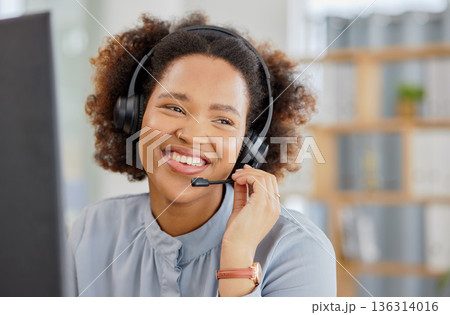 Call center, conversation and happy woman at help desk for advice, sales and telemarketing in headset. Consulting, communication and face of virtual assistant, customer service agent or crm advisor. Call center, conversation and happy woman at help desk for advice, sales and telemarketing in headset. Consulting, communication and face of virtual assistant, customer service agent or crm advisor. 136314016