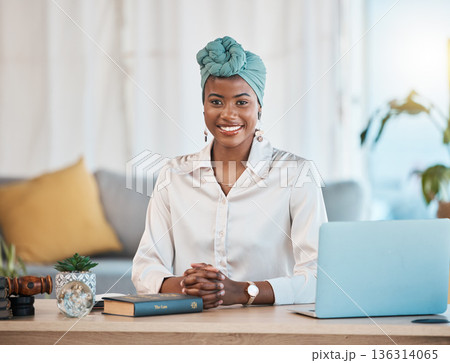 Happy, desk and portrait of a black woman for remote work, entrepreneurship or home management. Smile, business and an African employee or girl at a table in a house for a professional workspace Happy, desk and portrait of a black woman for remote work, entrepreneurship or home management. Smile, business and an African employee or girl at a table in a house for a professional workspace 136314065
