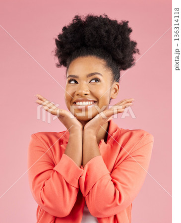 Fashion, beauty and thinking with an afro woman in studio isolated on pink background for trendy style. Smile, hair and idea with a happy or confident young african person posing in a clothes outfit Fashion, beauty and thinking with an afro woman in studio isolated on pink background for trendy style. Smile, hair and idea with a happy or confident young african person posing in a clothes outfit 136314118