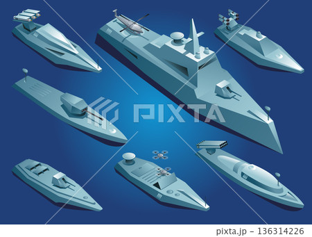 Marine unmanned boats. Icon set. Combat naval drones in isometric format on isolated background Marine unmanned boats. Icon set. Combat naval drones in isometric format on isolated background 136314226