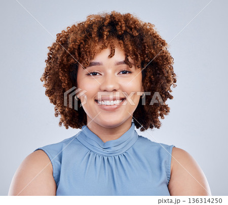 Portrait, smile and woman in studio with fashion, good mood and positive mindset on grey background. Happy, face and African female model posing on mockup with style, fashionable and trendy clothes Portrait, smile and woman in studio with fashion, good mood and positive mindset on grey background. Happy, face and African female model posing on mockup with style, fashionable and trendy clothes 136314250