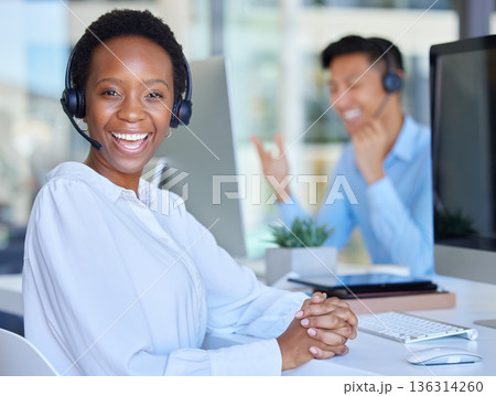 Portrait, call center and black woman on computer in office consulting for crm, contact us or customer service. Face, telemarketing and African lady consultant with online help or friendly advice 136314260