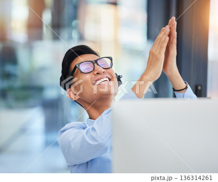 Telemarketing, applause and Asian man with celebration, call center and sales target with achievement. Male person, agent and consultant with headphones, clapping and excited with growth and success Telemarketing, applause and Asian man with celebration, call center and sales target with achievement. Male person, agent and consultant with headphones, clapping and excited with growth and success 136314261