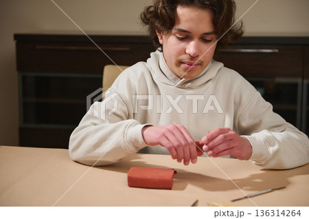 Young Boy Molding Clay at Home, Engaged in Hobby Craft Activity and Focused Expression Young Boy Molding Clay at Home, Engaged in Hobby Craft Activity and Focused Expression 136314264